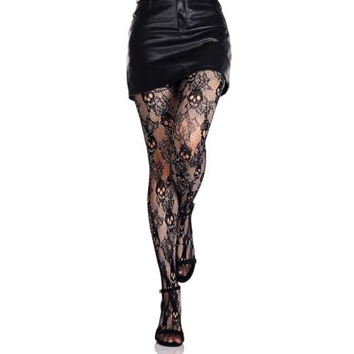 Olbye Black Fishnet Stockings Skull Tights Rhinestone Spiderweb Thigh High Waist Leggings Halloween Goth Tights for Women (US Alpha One Size Regular Regular Skull B)