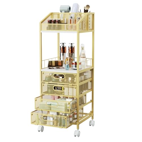 HapiRm Makeup Organizer Storage Cart - Floor Skincare Make Up Storage with 4 Drawers Rolling Makeup Cart Vanity Organizer Cosmetics Display Cases Holder for Skin Care Perfume Nail Polish Gold