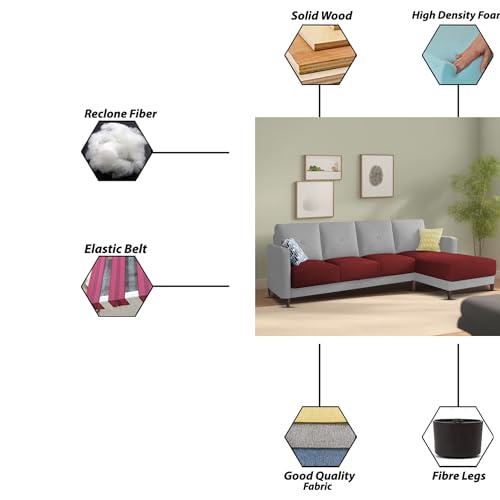 Image of Baloney RHS 6 Seater L Shape Sofa Set for Living Room (Maroon Grey Fabric) Premium Fabric Sofa