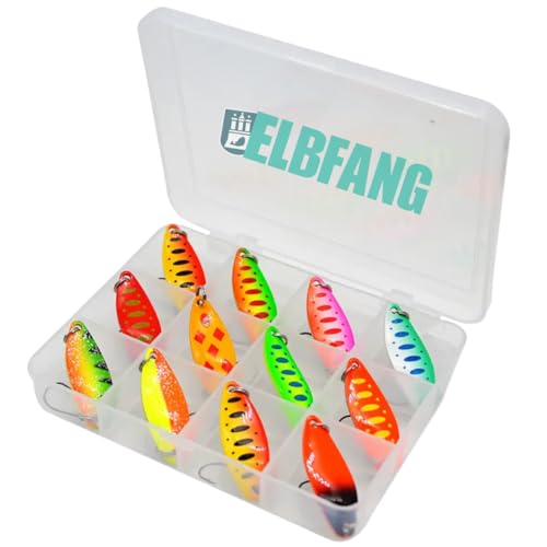 ELBFANG© Set Di 12 Pezzi Esche artificiali spinning trota | cucchiaini pesca | ondulanti trota spinning | 3,5g - Trout Spoon Kit Con Scatola