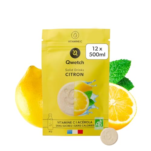 QWETCH - Qwetch SOLID DRINKS BIO – 12 Pastilles d'hydratation avec Vitamine C Naturelle – Boisson Sans Sucres, Sans Calories – Vegan, Fabriqué en France (Citron)