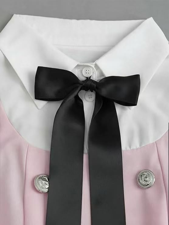 Image of Women Short Dresses 2 In 1 Colorblock Turndown Collar Lantern Sleeve Black Suit Cute Dress