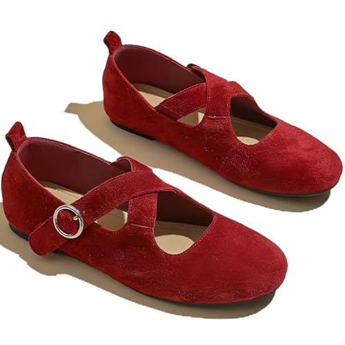 Chic Mary Jane Flats for Women Crisscross Strap Metal Buckle Rounded-Toe Genuine Leather Casual Shoes - Main Image