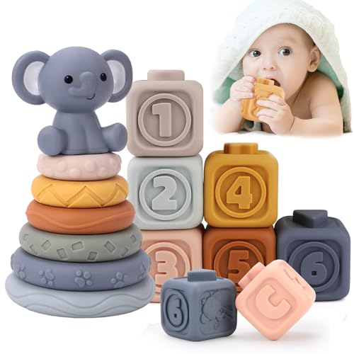 UNITSLYZ Baby Toys Stacking Blocks, Educational Sensory Toys, 13 PCS Baby Soft Building Blocks Toys, Montessori Toys for Babies, Gifts for 6 12 18 Months Old Toddler Girls Boys (Elephant)
