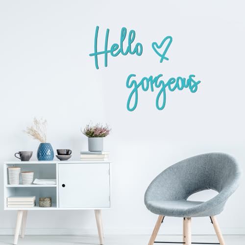 Image of Blulu Hello Gorgeous Wall Decor Sign Hello Gorgeous Wall Art Minimalist Wooden Words Decor for Lash Room, Salon, Vanity or Makeup Room, Bathroom, Bedroom, Office(Blue)