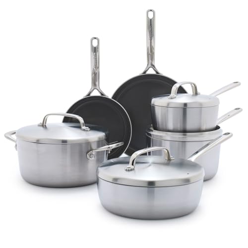 Image of GreenPan GP5 Stainless Steel 5-Ply Healthy Ceramic Nonstick 13 Piece Cookware Pots & Pans Set, Frying Pans, Sauté, Saucepans, Stock Pot, Scratch Resistant, Induction,Dishwasher & Oven Safe, PFAS-Free