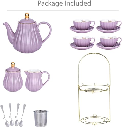 Jusalpha Fine China 8 OZ Purple Coffee Cup/Teacup, Saucer, Spoons, Teapot and Creamer Set, 17-Pieces (FD-TW17PC Set, Purple)