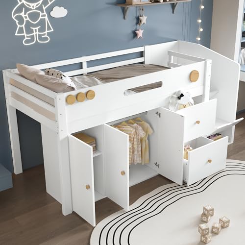 RIAZOS Hochbett 90x200 cm, Kinderbett mit Kleiderschrank, Treppe mit Stauraum, Funktionsbett mit 2 Größere Schubladen, Halbhohes Bett, Holzbett,...