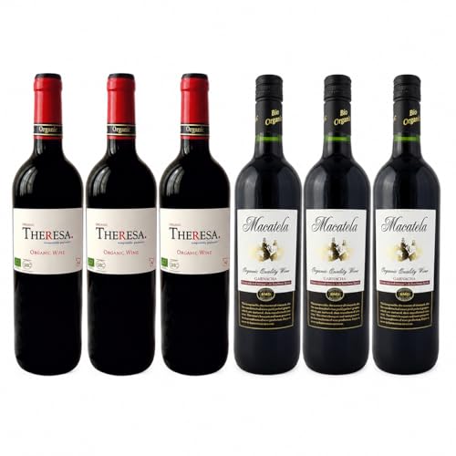 Pack 6 Vino Tinto Eco Sin Sulfitos Bio, 3 botellas de Macatela y 3 botellas de Theresa 750 ml, Vino Ecológico Tinto, Total 4,5 L
