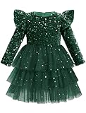 IDOPIP Sequins Velvet Tutu Dress for Girls - Glitter Tiered Mesh Infant Christmas Pageant Tulle Winter Long Sleeve Ruffle Birthday Party Wedding Flower Girl Dress - Green 12-18 Months