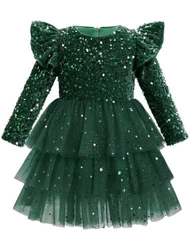 OMEWEE Infant Girl Christmas Velvet Princess Sequins Ruffle Dress Toddler Glitter Tulle Tiered Long Sleeve Party Pageant Formal Dress Photoshoot Green 18-24 Months