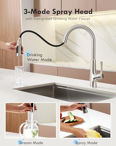 Aktines 3 Wege Küchenarmatur mit Brause Ausziehbar, Trinkwasserhahn Küche mit Brause ausziehbar, Einhebelmischer Spültischarmatur Armatur Wasserhahn Küche für Wasserfilter Osmose Edelstahl gebürstet