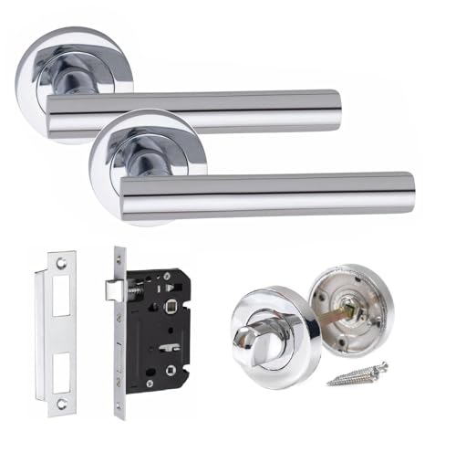 Golden Grace Straight T-Bar Bathroom Door Handle Set Thumbturn and Mortise Lock Polished Chrome