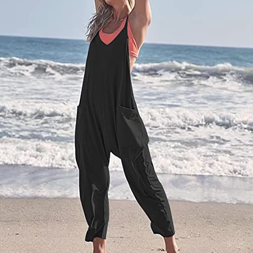 Seeluna Womens Casual Sleeveless Jumpsuits V-Neck Spaghetti Strap Wide Leg Romper Overalls Jumpsuit With Pockets(Black,M) #TOP7