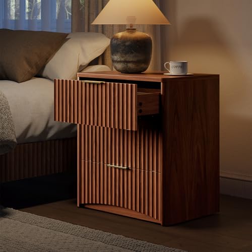 Image of Evermagin Fluted Nightstand Set of 2, Walnut Bedside Table with 3 Drawers, Wood End Table with Storage Mid Century Modern, Large Night Stand for Bedroom
