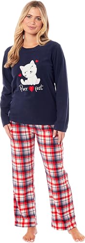 KATE MORGAN Womens Pyjamas Warm Fleece Pyjamas for Women Sets Pjs S-XL | Soft Twosie Pyjama Set for Ladies Gifts for Her Snuggle Up Cat Navy M