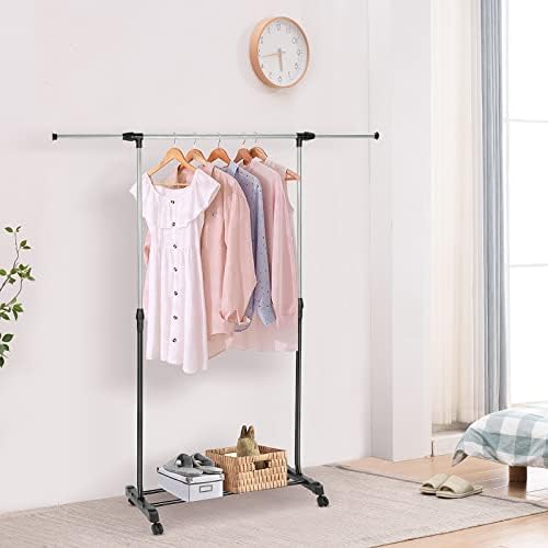 Supernic Hanging Rails for Clothes Adjustable Clothes Rail with Wheels (88-150) x 42 x (80-157) cm Small Clothing Rails Tidy Clothes Rack Narrow Garment Coat Rack Stand Metal for Bedroom Black