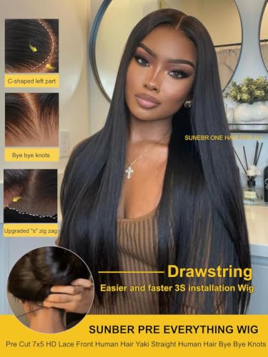Image of Sunber Yaki Straight Human Hair Bye Bye Knots Pre Cut 7x5 Lace Front Wigs