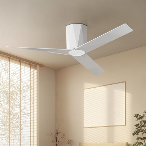 Roomratv 52 Inch Ceiling Fans with Dimmable Led Lights, Flush Mount Ceiling Fan with Remote Control, Quiet DC Reversible Motor for Summer Winter, Noiseless, Modern White ABS Blades for Bedroom, Indoor