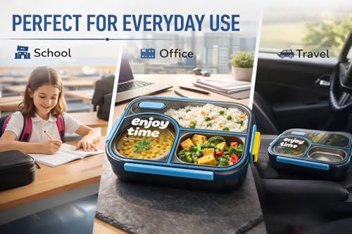 Image of Premium Stainless Steel Bento Lunch Box | Leakproof 3 Compartment Tiffin Container with Secure Lock Lid | BPA-Free Food Storage Box for School, Office & Travel (with Spoon Fork Set)