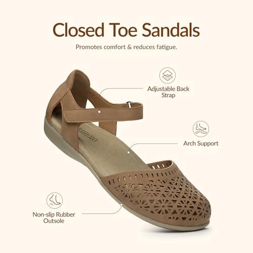 Rihero Women's Comfortable Closed Toe Flat Sandals Tan Hollow Size 8.5 - 3