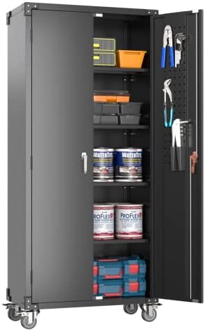Reemoon Metal Storage Cabinet with Wheels and Pegboard, 72" Tall Rolling Steel Storage Cabinet with 4 Adjustable Shelves and Lockable Door for Garage, Office, Home (Black)