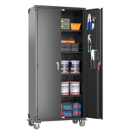 Reemoon Metal Storage Cabinet With Wheels And Pegboard, 72" Tall Rolling Steel Storage Cabinet With 4 Adjustable Shelves And Lockable Door For Garage, Office, Home (Black) #TOP29