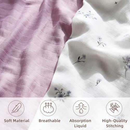 Image of LifeTree Baby Swaddle Blankets, Boys Girls Muslin Swaddling Wrap Receiving Blanket for Newborn, 70% Viscose from Bamboo and 30% Cotton, Large 47 inch x 47 inch, Flower and Mauve Pattern