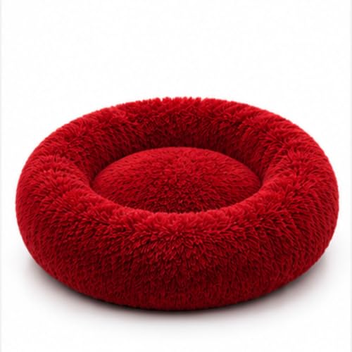Image of Dog Bed for Dogs & Cats, Fluffy Round Donut Pet Bed, Ultra Soft Faux Fur Pet Nest, Raised Edge Comfort Support, Reversible Double-Sided Use, Washable Sleeping Cushion, Red, Small