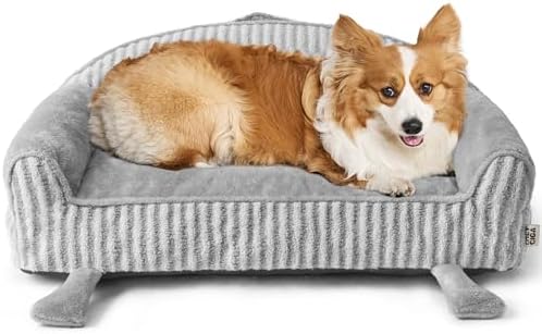 EHEYCIGA Washable Dog Beds for Large Dogs for Crate 35 Inch - Striped Cat Couch for Indoor Cats with Removable Cover, Shredded Memory Foam Waterproof Puppy Bed with Non - Slip Bottom, Grey