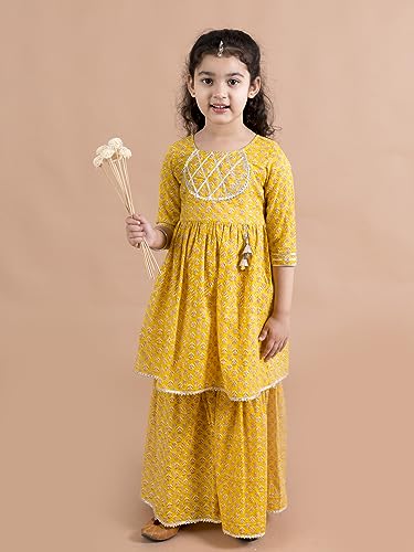 Pspeaches Girls Mustard Yellow Floral Printed Pure Cotton Kurta With Sharara (Yellow-10-12Y)