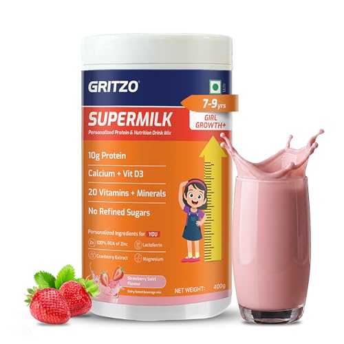 Image of Gritzo SuperMilk Growth+ (7-9y Girl), Strawberry Swirl, 400g | 10g Protein with 20 Vitamins & Minerals | Zero Refined Sugar