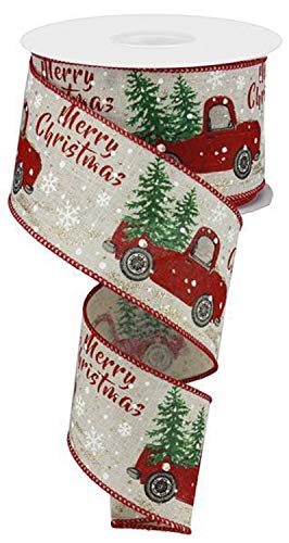 Christmas Vintage Truck Wired Burlap Ribbon : Red Green Brown 2.5
