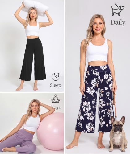 Image of GYS Bamboo Viscose Wide Leg Capri Pants for Women, Ultra-Soft Pajama Bottom | Lightweight Culottes Cropped Lounge Pants, Flowy Yoga Pants, High Waist PJ Bottoms, Knitted Ladies Gaucho Pants
