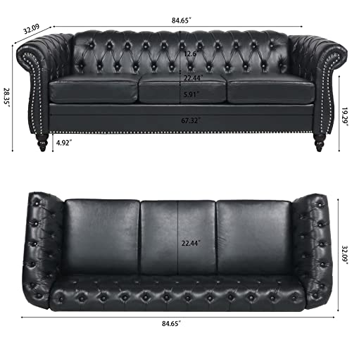 Dvasovio Chesterfield PU Leather Sofa, Upholstered PU Sofa with Tufted Back, Classic 3 Seater Leather Couch Rolled Arm for Living Room Office, Black