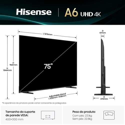 Hisense Smart TV 75 Zoll 4K Ultra HD 2025 75A6Q, Smart TV VIDAA U8, Dolby Vision, HDR 10, Game Mode Plus, Alexa Built-in, VIDAA Voice, DVB-T2/S2 Tuner HEVC 10, Lativu 4K