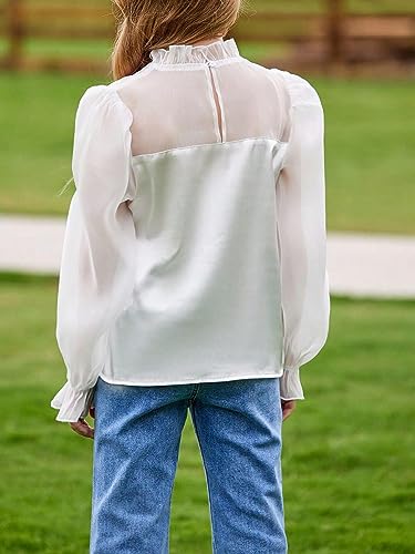 WDIRARA Girl's Contrast Mesh Bow Front Shirt Cute Mock Neck Long Flounce Sleeve Blouse Top2