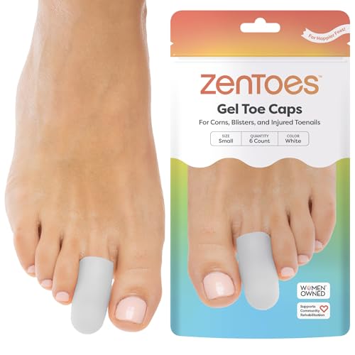 ZenToes 6 Pack Gel Toe Cap and Protector - Cushions and Protects to Provide Relief from Missing or Ingrown Toenails, Corns, Blisters, Hammer Toes (Small, White)