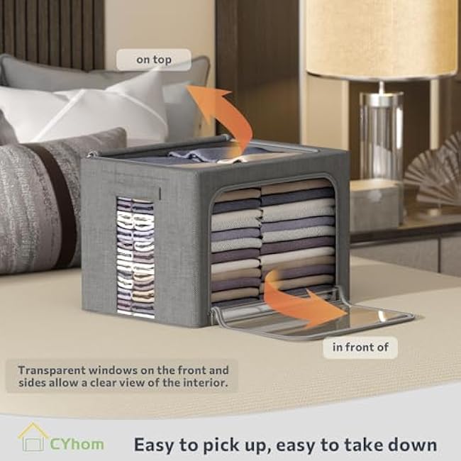 Clothes Storage Bins Box - Linen Fabric Foldable Stackable Container Organizer Set with Clear Window & Carry Handles & Metal Frame (Dark Gray, Medium-36L)