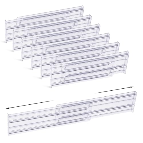 Image of seinlife 6 Pack Plastic Drawer Dividers 3.2" High, 11-19.7" Adjustable Drawer Organizers for Clothes, Expandable Separators in Bedroom/Kitchen/Office Organization and Makeup Cosmetic Storage-Clear