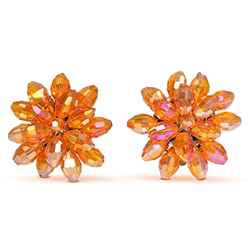 Aeravida Dazzling Orange Chrysanthemum Floral Crystal Clip On Earrings | Elegant Jewelry Wire | Clip-on Earrings | Trendy Clip-on Earrings | Gift for Women