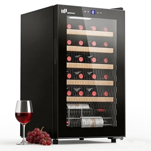 Upstreman 24 Bottle Wine Cooler Refrigerator, Compact Small Built-in or Freestanding Wine Fridge, 41-68°F Temperature Control, Glass Door, Touch Control & LED Light for Home Kitchen Bar (W24-Black)