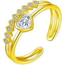 Silver Gold Plated CZ Filled Wedding Engagement Double Layered Open Band Heart Adjustable Ring for Women