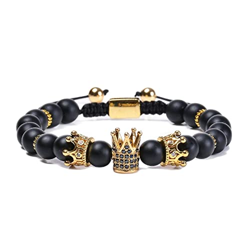 Bracelet en pierre naturelle couronne cadeau idéal pour homme avec perles noires de 18 cm