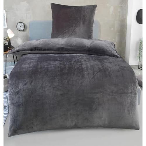 DreamHome Winter Wende Plüsch Bettwäsche 135x200 Nicky-Teddy Cashmere Touch Coral Fleece Bettdezug + Kissenbezug 80x80, Farbe:Grau
