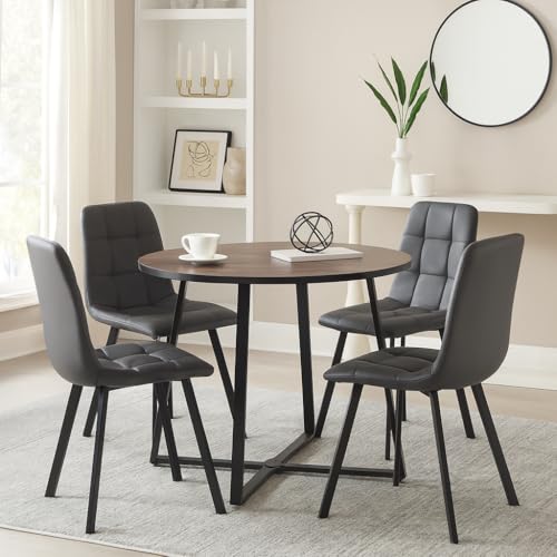Image of Mid Century Modern 35 inch Round Wood Top Cross Legs Dining Table Set for 4, Cozy Faux Leather Chairs w /Steel Legs, Coffee Table for Kitchen, Office, Save Space (Brown Top, Grey Chairs)