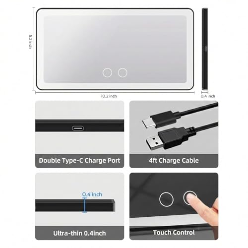 Image of Car Vanity Mirror with LED Lights, Rechargeable 2000 mAh, 3 Light Modes with Dimmable Touch Control, Sun Visor Mirror for Makeup, Grooming and Driving