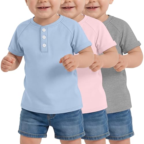 YooAurvox 3 Pack Toddler Short Sleeve Henley Shirts for Boys Girls Rolled Cuff Solid Tee Tops Button T Shirts Size 18M-5T(Sky Blue, Light Pink, Light Gray,2T)