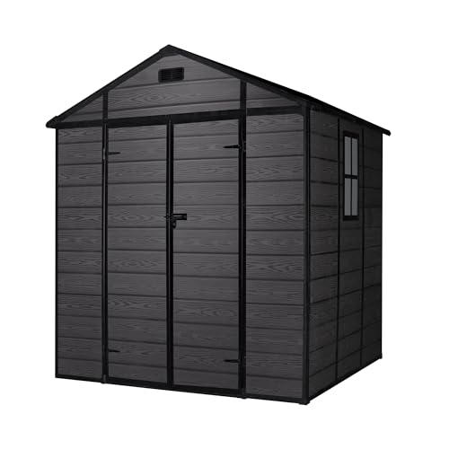 Wasabi Abri de jardin en résine Aqua 4,6 m² - Sol inclus - Fenêtre latérale - Double porte - Finition bois noir - Panneaux 12 mm d'épaisseur - Abri en PVC -...
