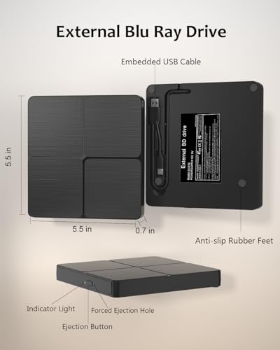 Image of External Blu Ray Drive - USB 3.0 & Type-C Blu Ray Burner for PC, Read & Write BD /DVD /CD, Plug & Play External Optical Drive Compatible with Windows XP /7 /8 /10 /11, Linux, Mac OS